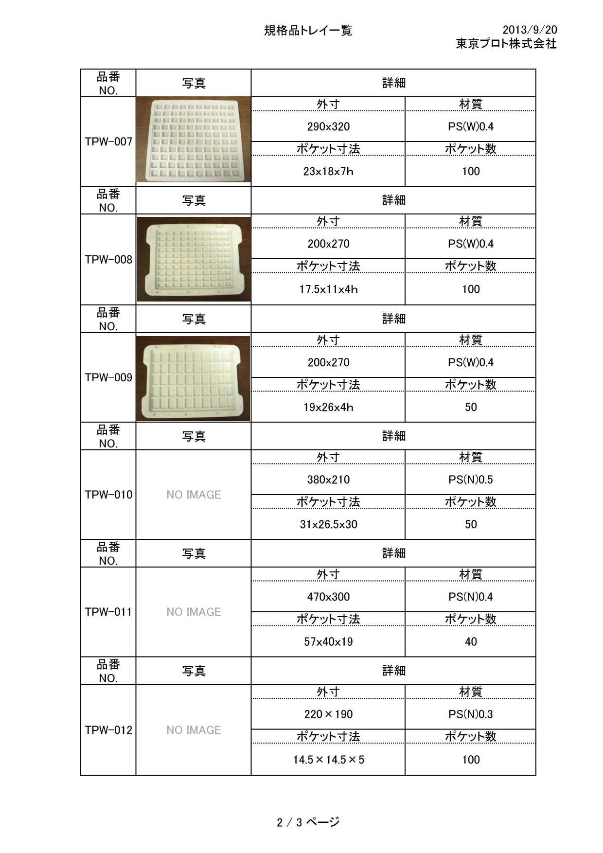 規格品トレイ 表